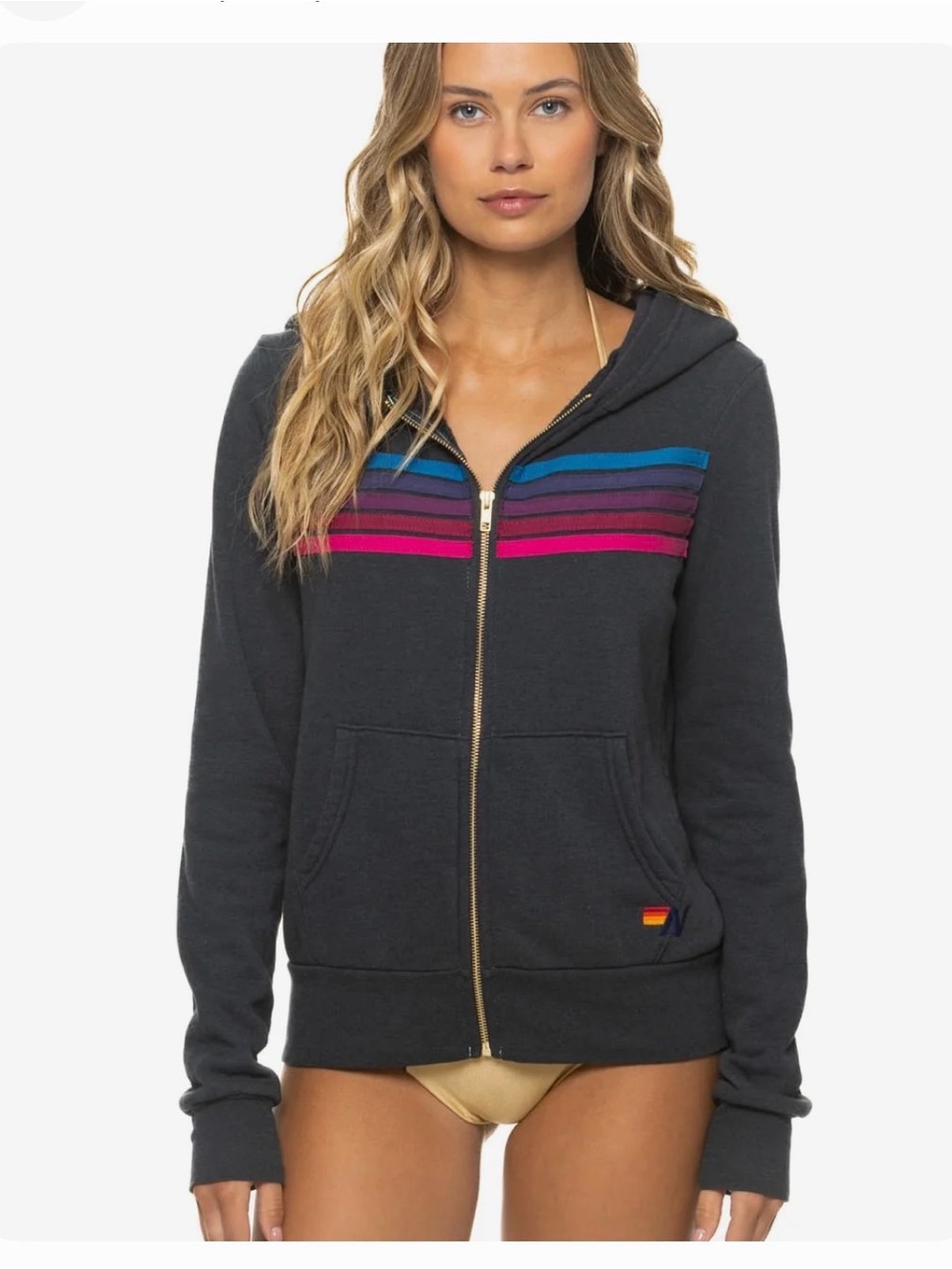 Aviator Nation Navy Zip Hoodie with Blue and Pink Stripe Accents
